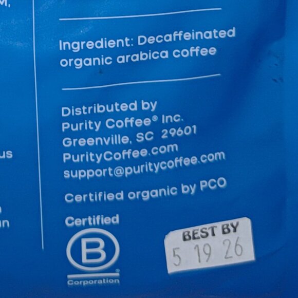Purity Coffee CALM Decaf Whole Bean Coffee 12oz USDA Organic- Exp 5/19/26 - Picture 3 of 3